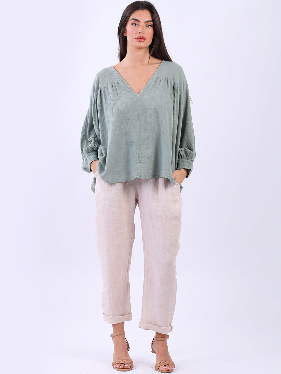 Batwing Cotton Crop Blouse Khaki