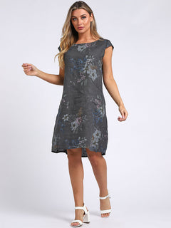 Floral Print Linen Dress Charcoal