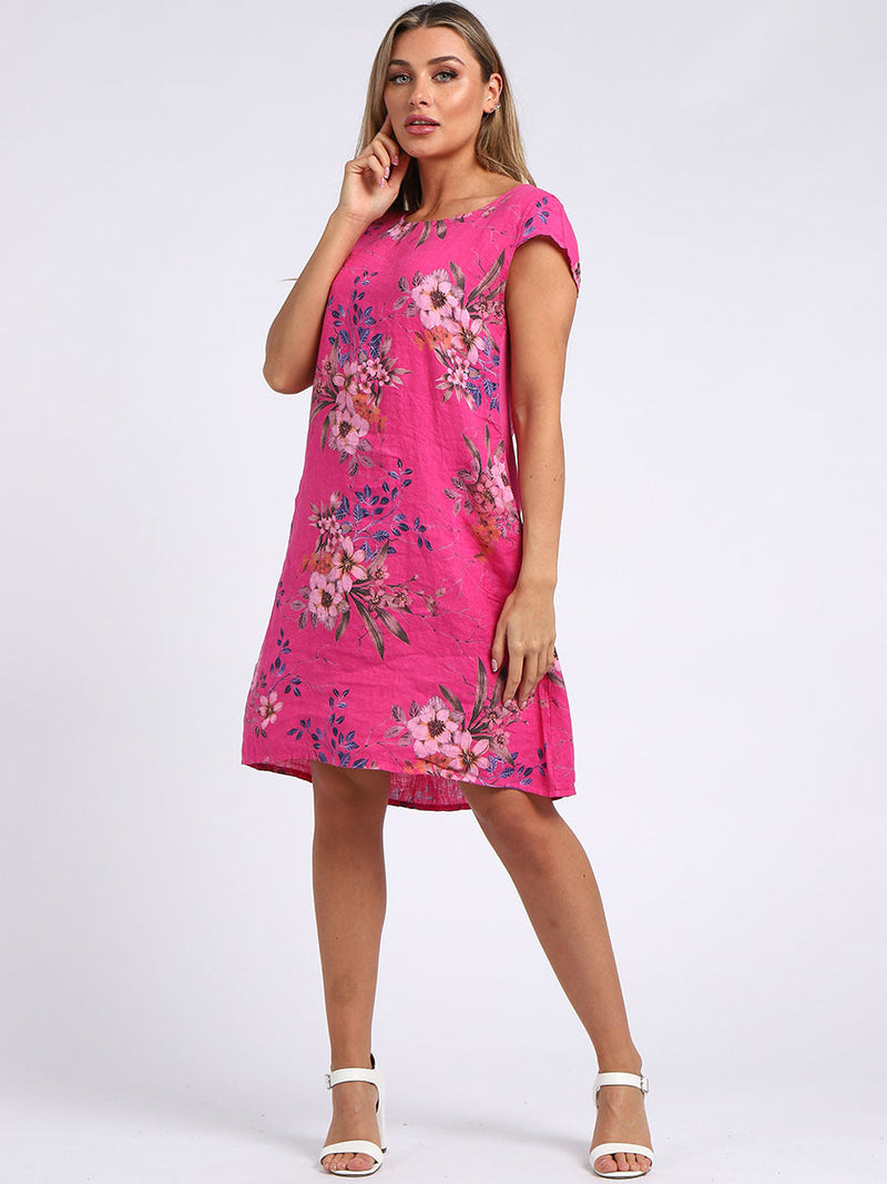 Floral Print Linen Dress Fuchsia