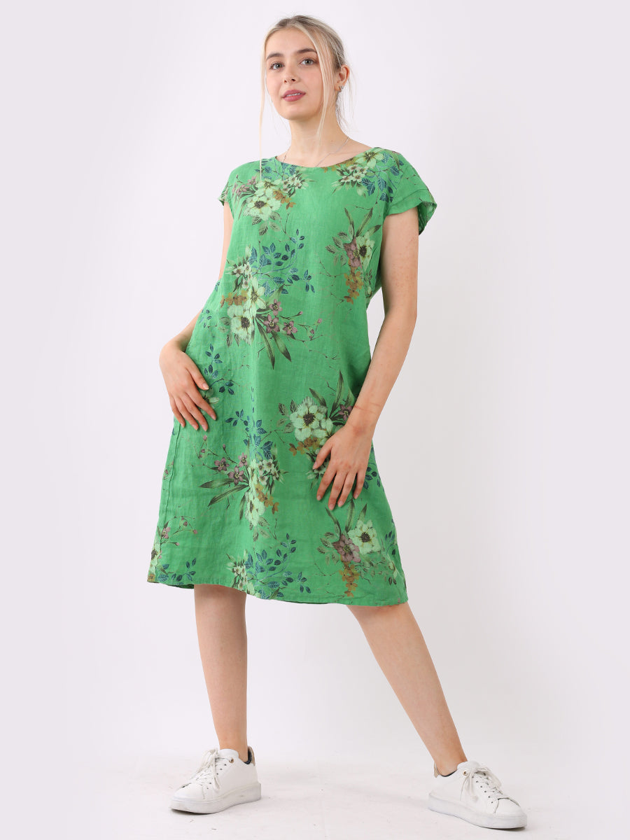 Floral Print Linen Dress Green