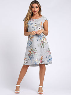 Floral Print Linen Dress Light Grey