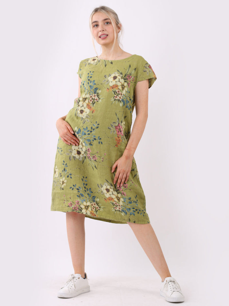 Floral Print Linen Dress Lime green