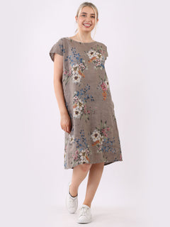Floral Print Linen Dress Mocha
