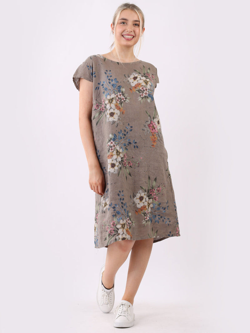 Floral Print Linen Dress Mocha