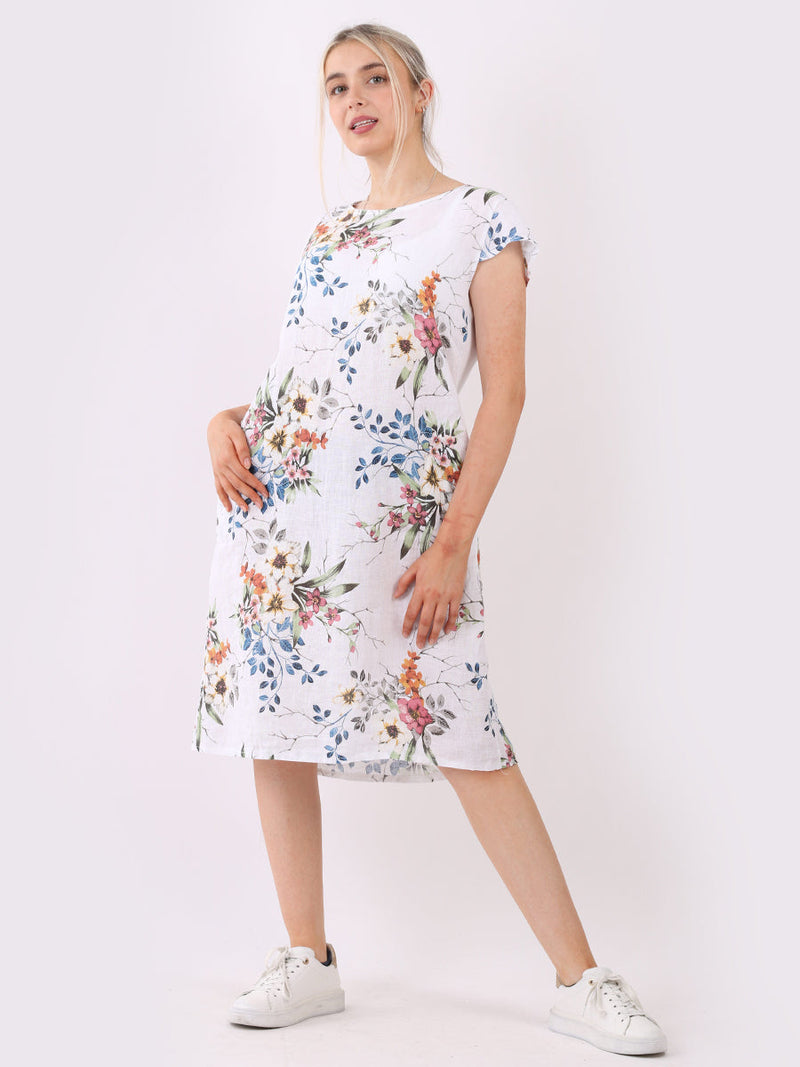 Floral Print Linen Dress White