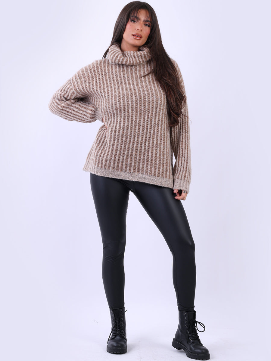 Knitted Wool Striped Jumper Mocha