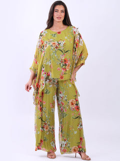 Batwing Floral Silk Top Olive