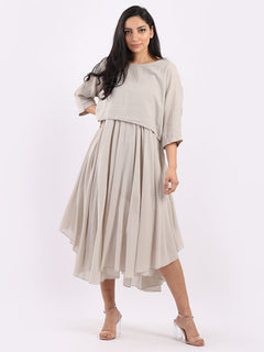 Pleated Cotton Lagenlook Dress Beige