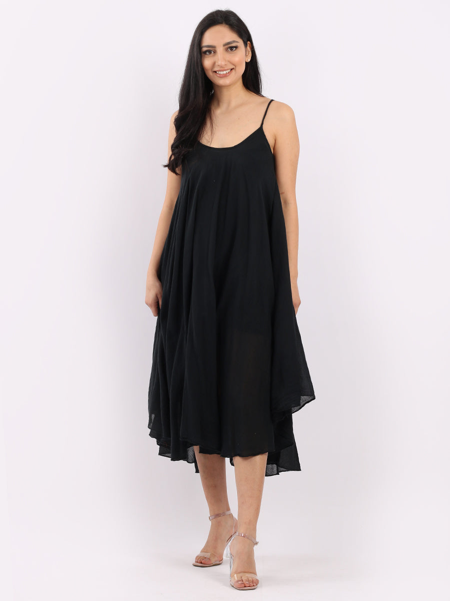 Pleated Cotton Lagenlook Dress Black