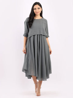 Pleated Cotton Lagenlook Dress Charcoal