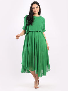Pleated Cotton Lagenlook Dress Green