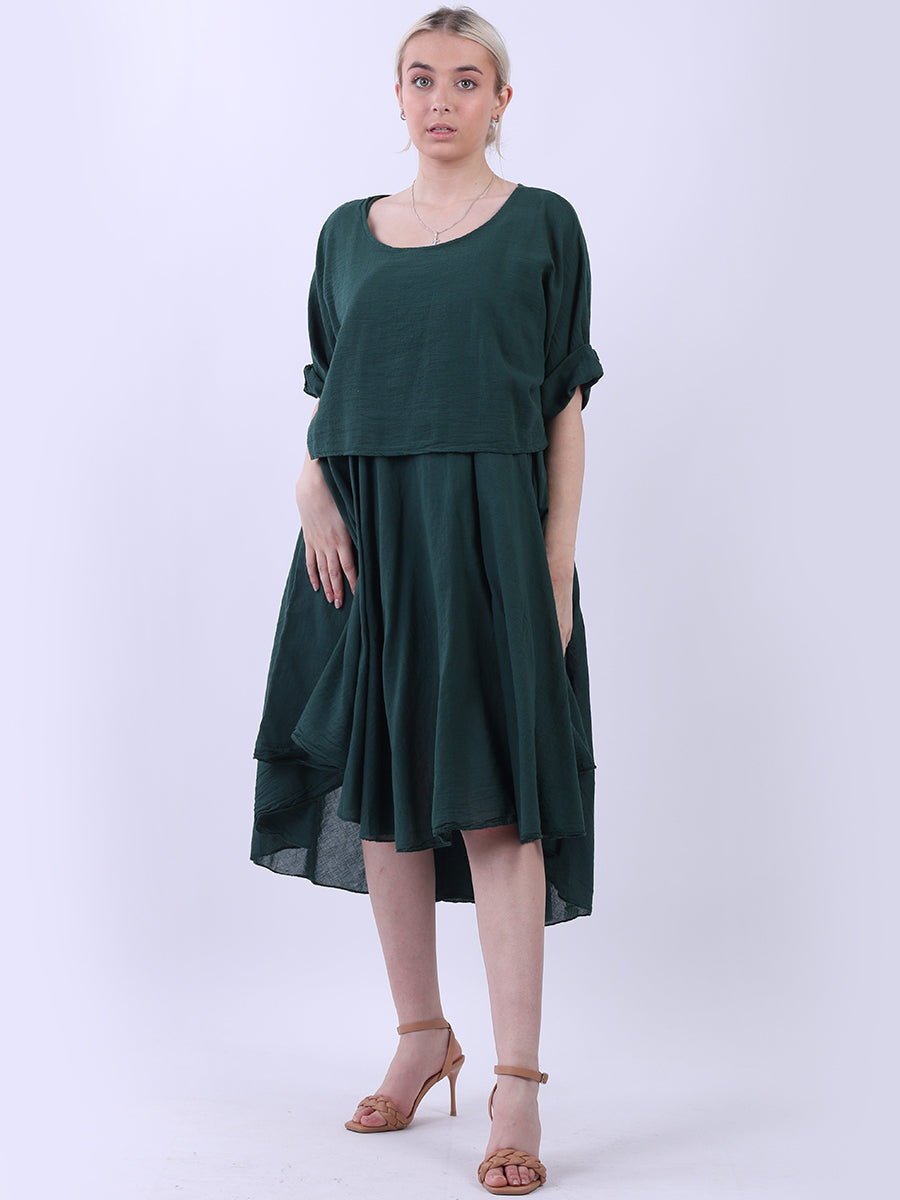 Pleated Cotton Lagenlook Dress Bottle Green