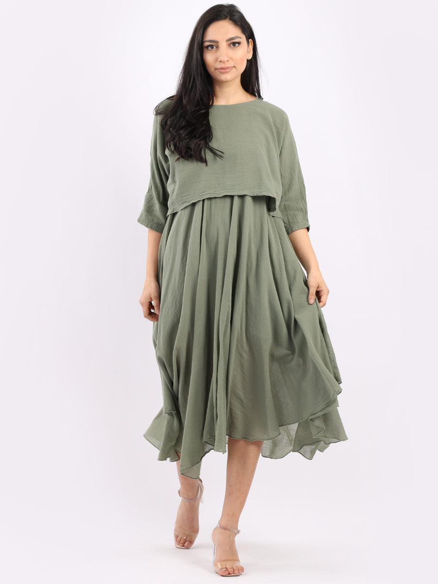 Pleated Cotton Lagenlook Dress Khaki