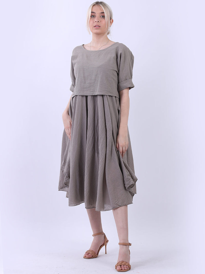 Pleated Cotton Lagenlook Dress Mocha