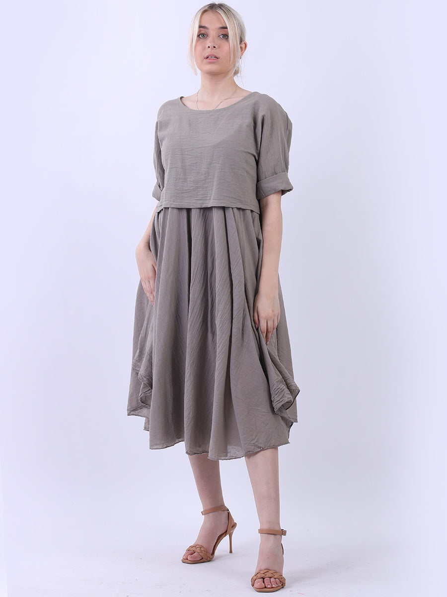 Pleated Cotton Lagenlook Dress Mocha