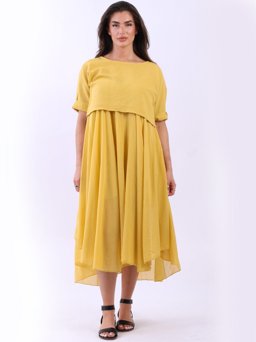 Pleated Cotton Lagenlook Dress Mustard