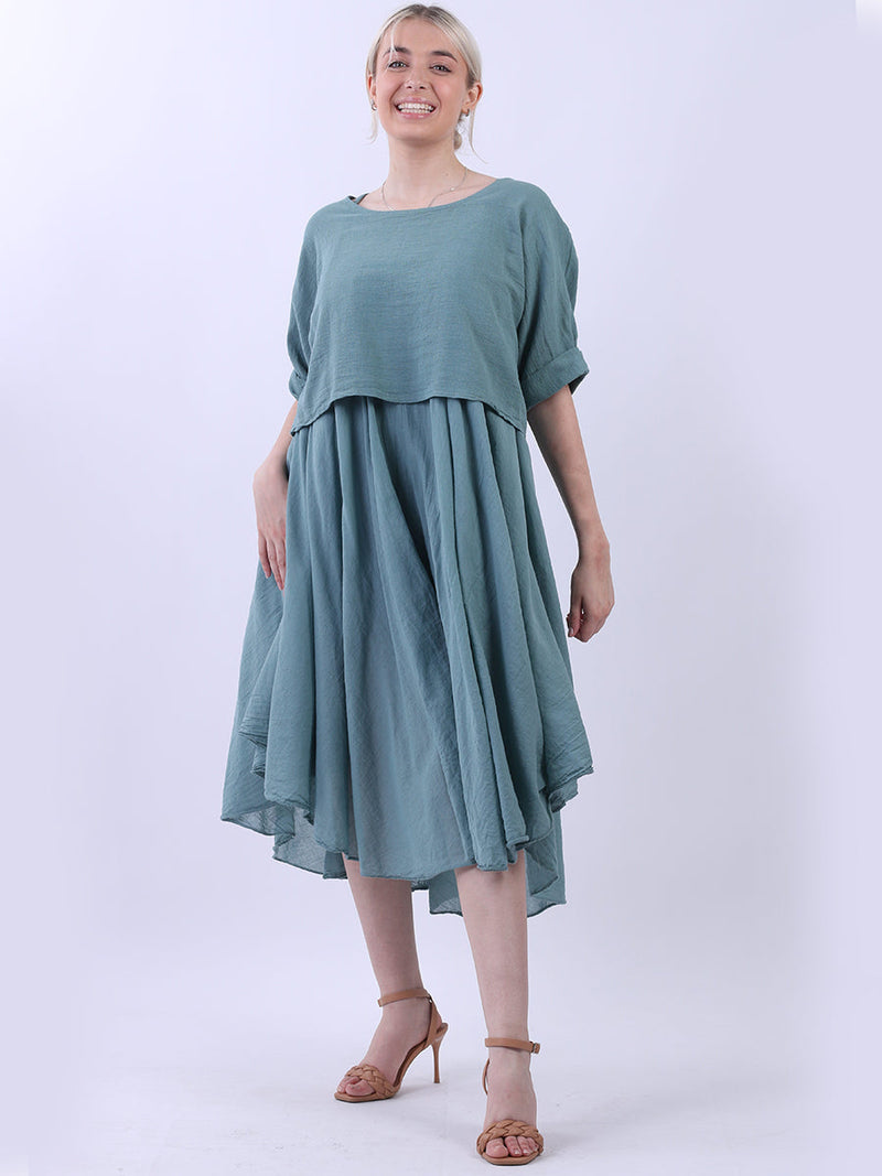 Pleated Cotton Lagenlook Dress Ocean Blue