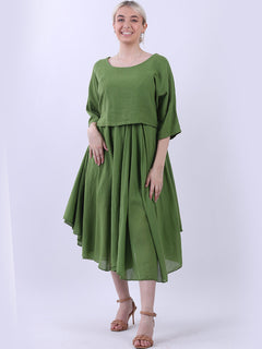 Pleated Cotton Lagenlook Dress Olive