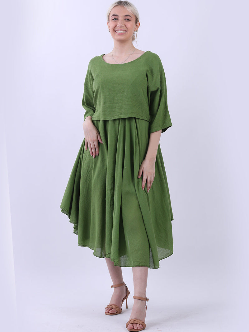 Pleated Cotton Lagenlook Dress Olive