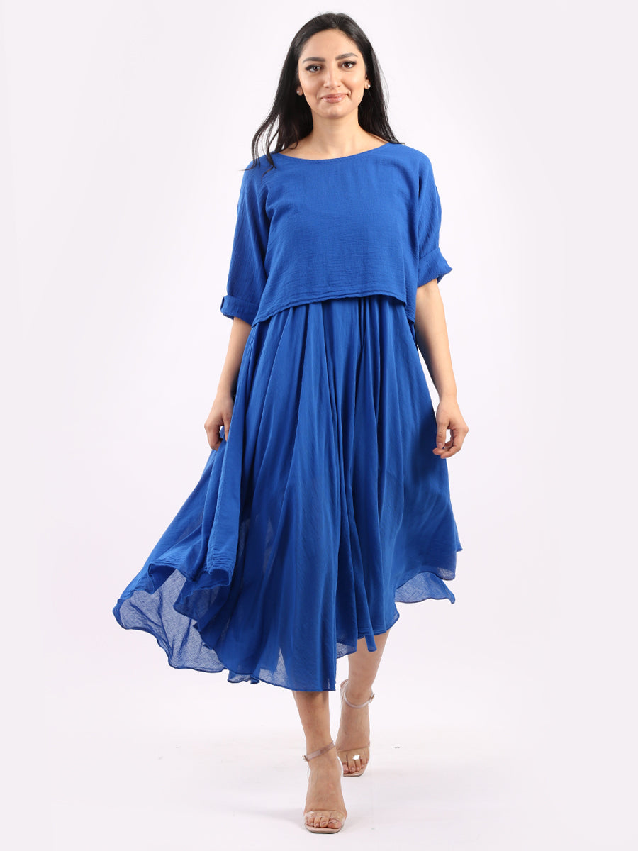 Pleated Cotton Lagenlook Dress Royal Blue
