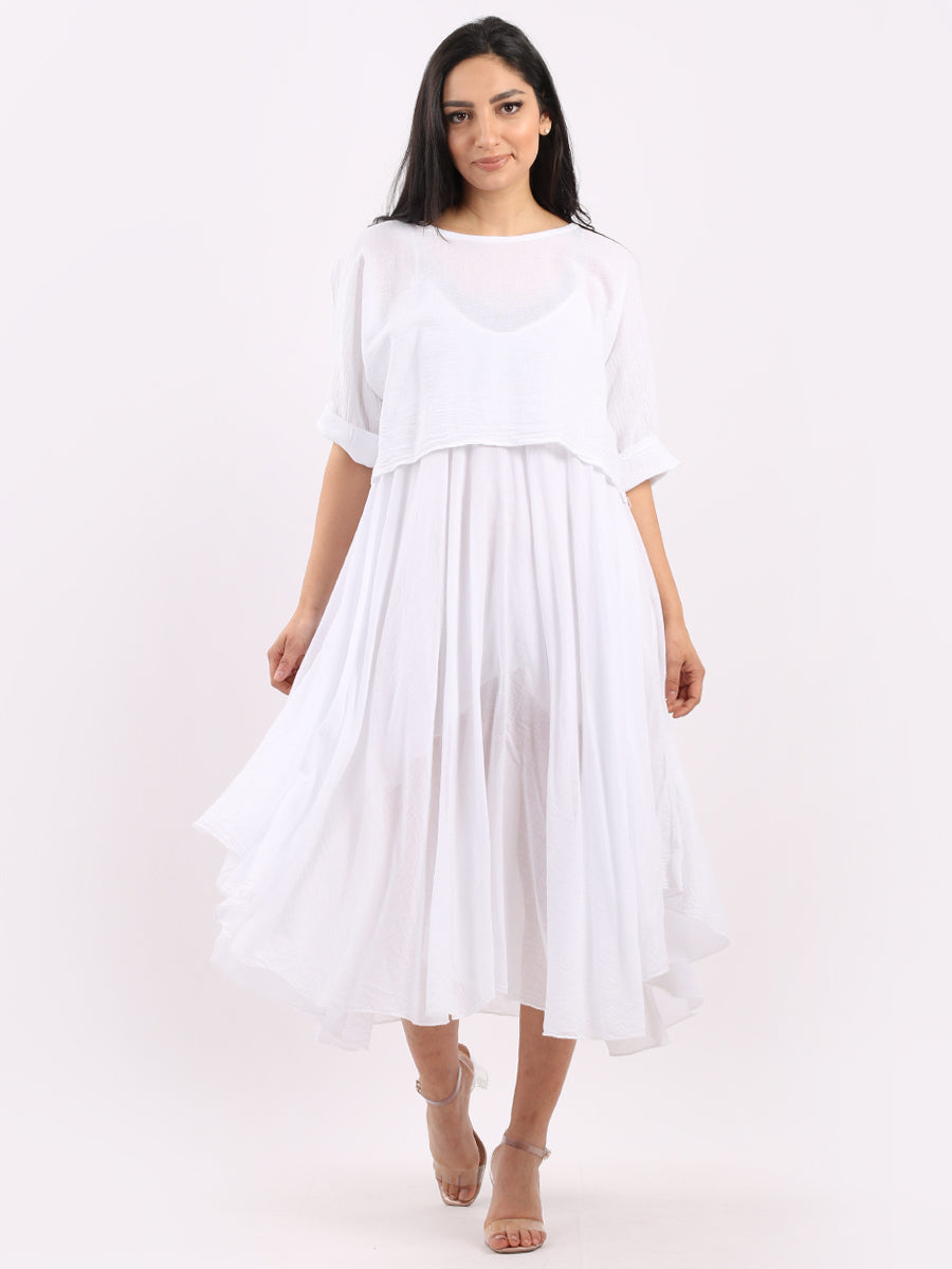 Pleated Cotton Lagenlook Dress White