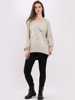 Foil Star Cotton Sweat Top Beige