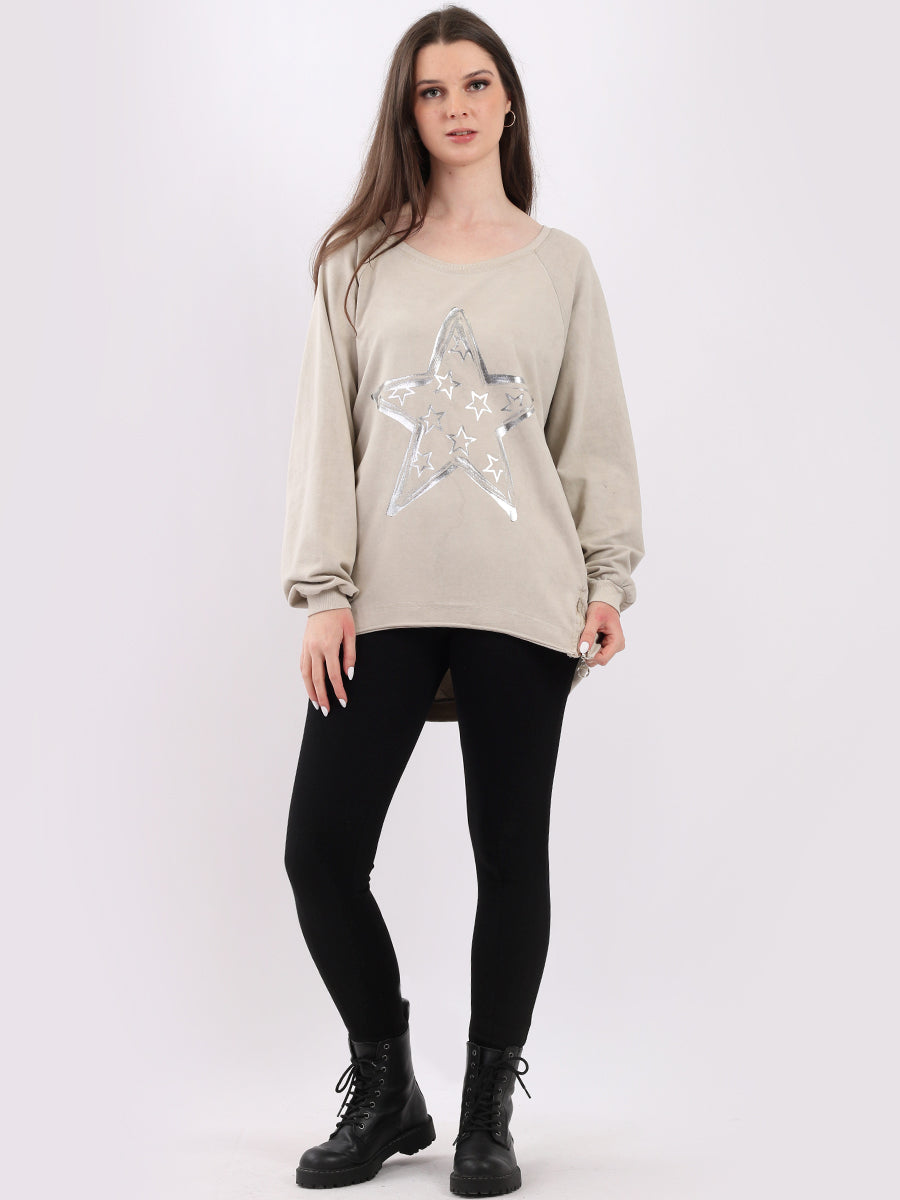 Foil Star Cotton Sweat Top Beige