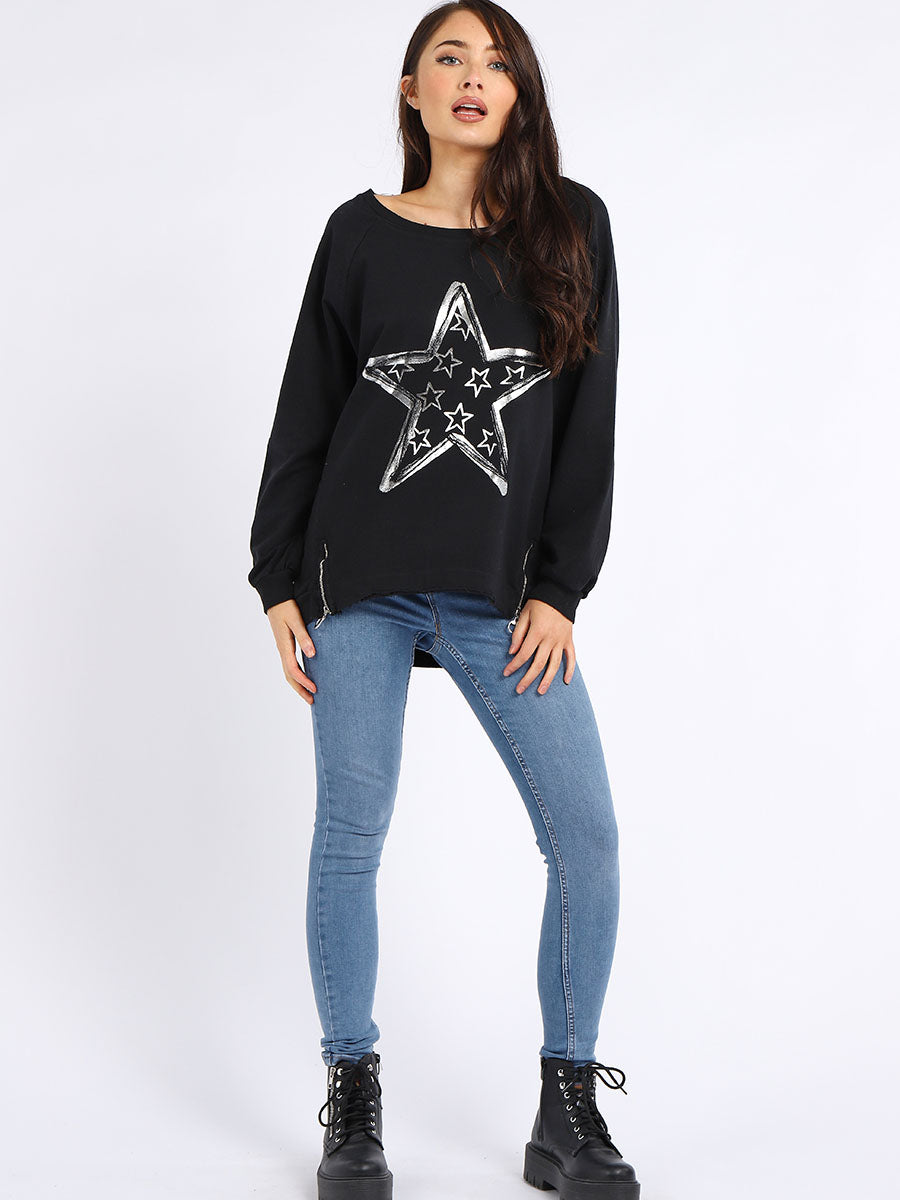 Foil Star Cotton Sweat Top Black