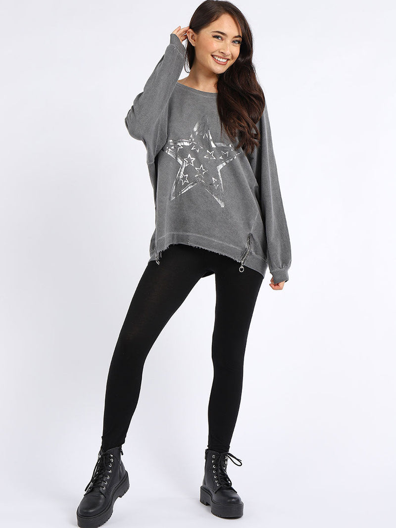 Foil Star Cotton Sweat Top Charcoal