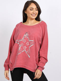 Foil Star Cotton Sweat Top Coral