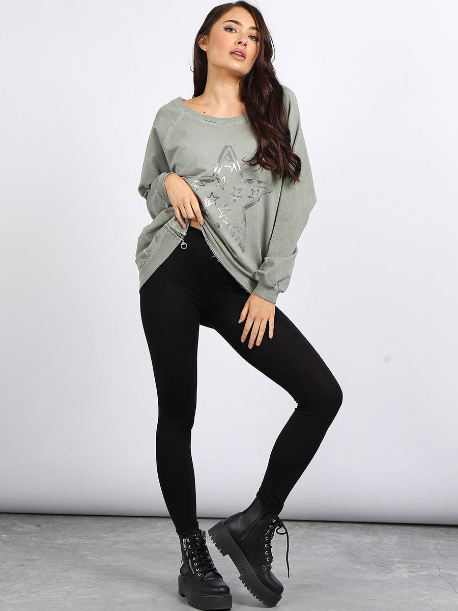 Foil Star Cotton Sweat Top Khaki