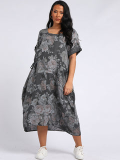 Floral Linen Dress Charcoal