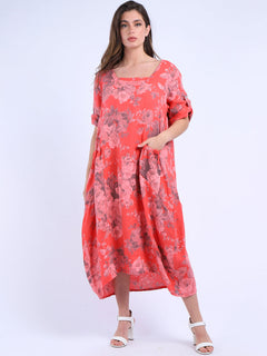 Floral Linen Dress Coral