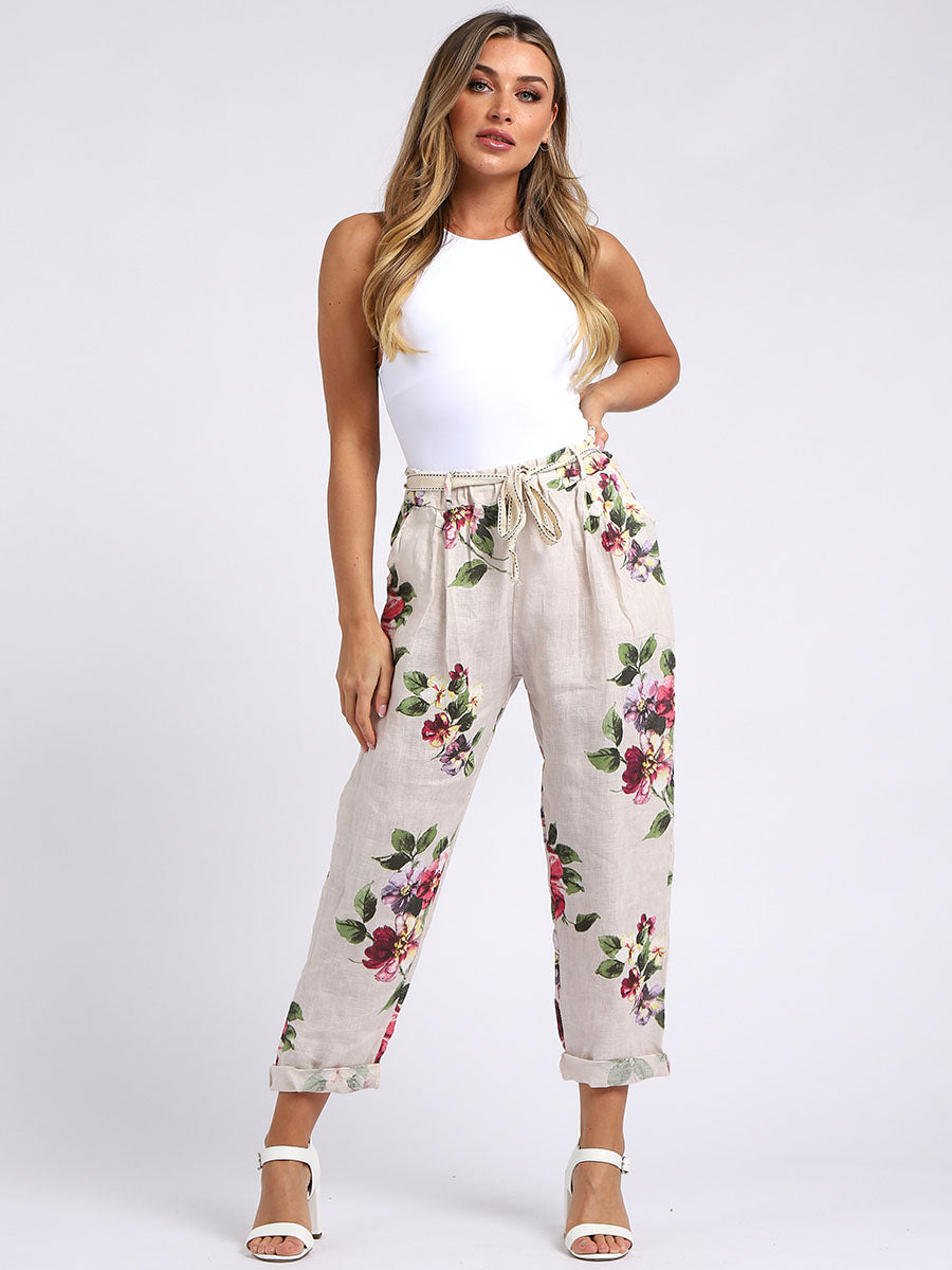 Floral Linen Trouser Beige