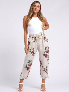 Floral Linen Trouser Beige