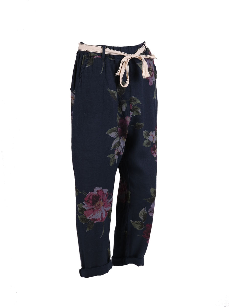 Floral Linen Trouser Navy