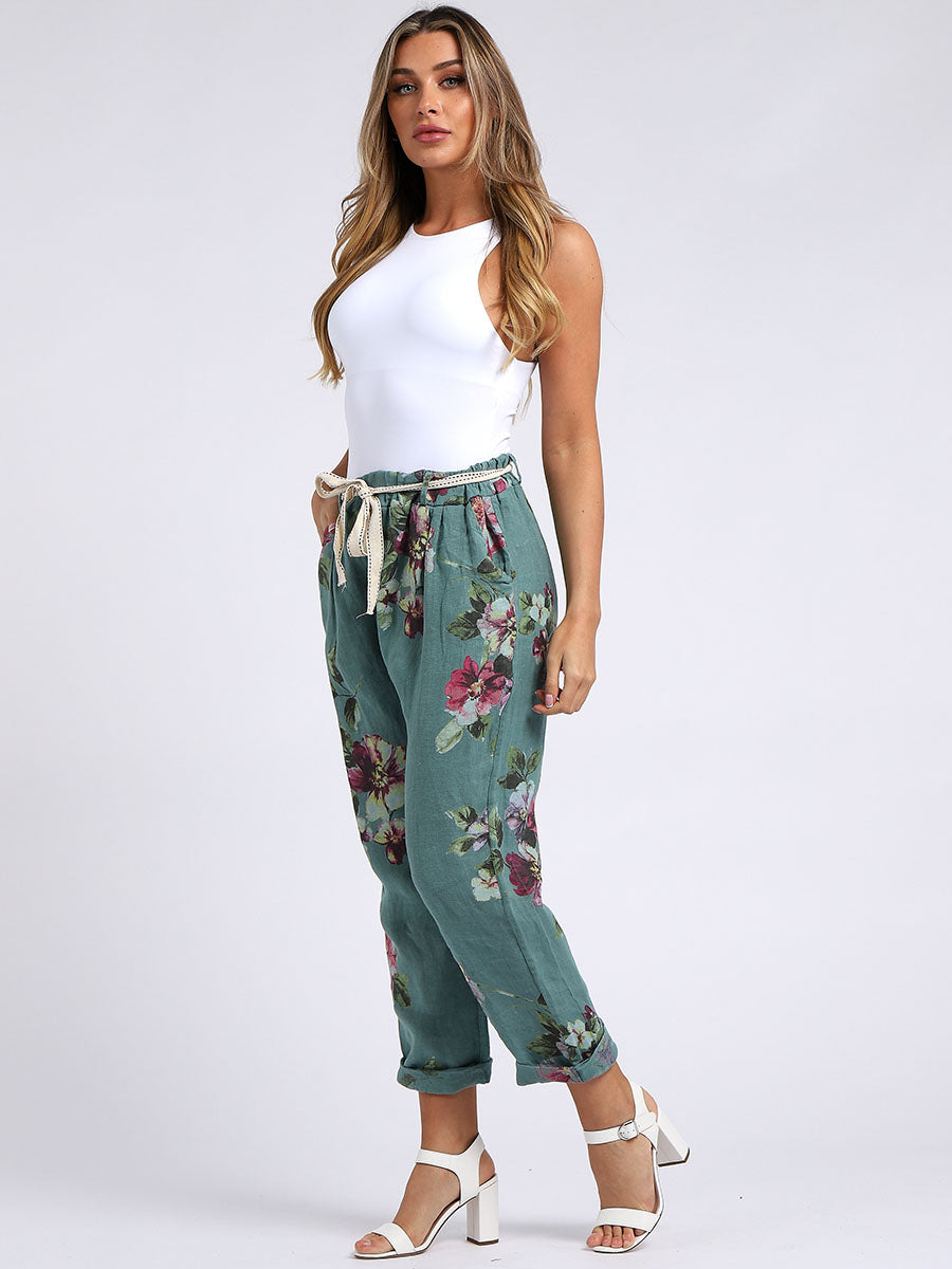 Floral Linen Trouser Ocean Blue