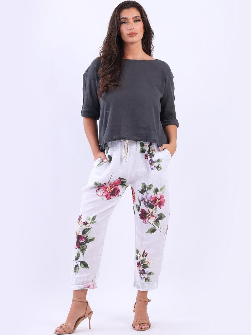 Floral Linen Trouser White