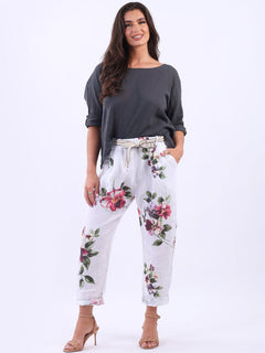 Floral Linen Trouser White