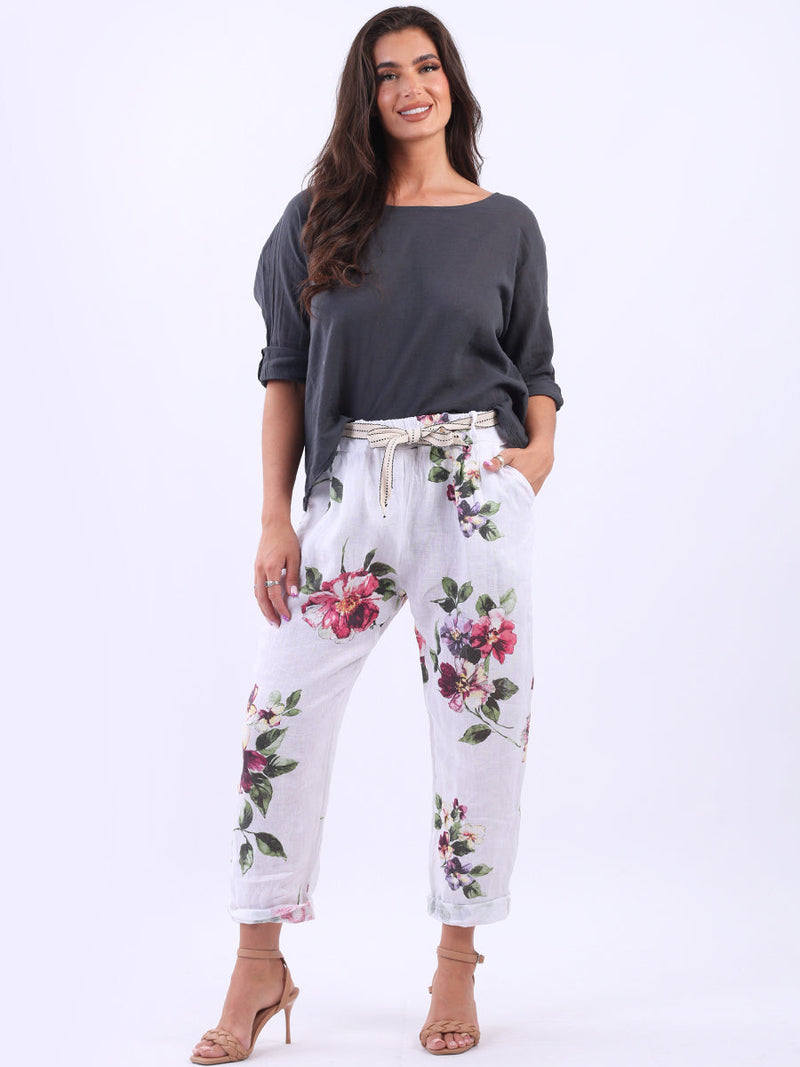 Floral Linen Trouser White