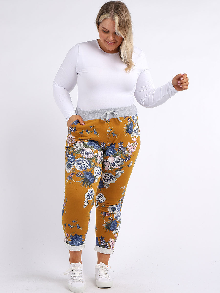 Floral Cotton Joggers Pant Mustard
