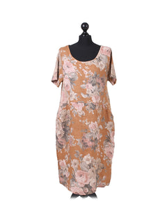 Women Floral Shift Dress Camel