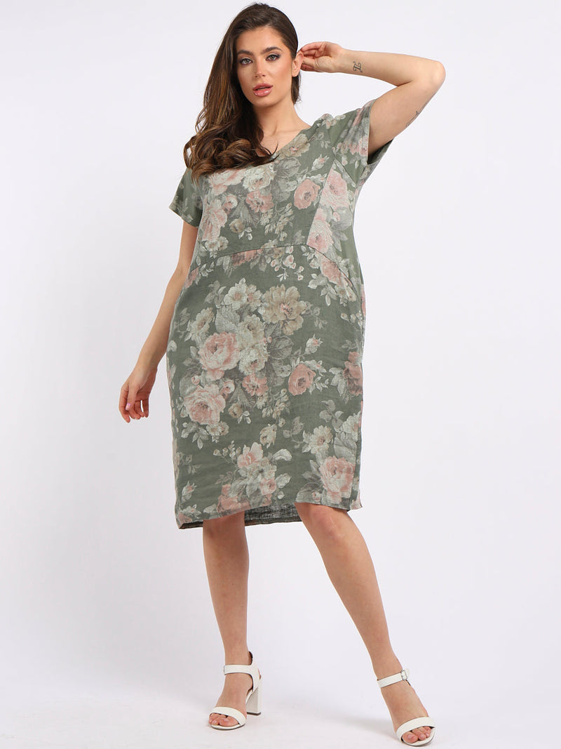 Women Floral Shift Dress Khaki