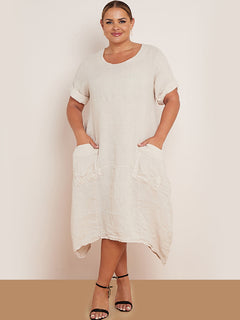 Plain Linen Lagenlook Dress Beige