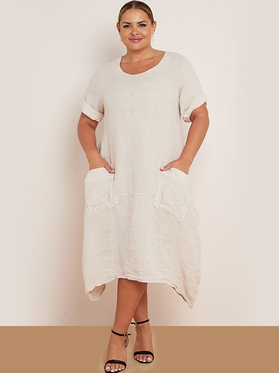 Plain Linen Lagenlook Dress Beige