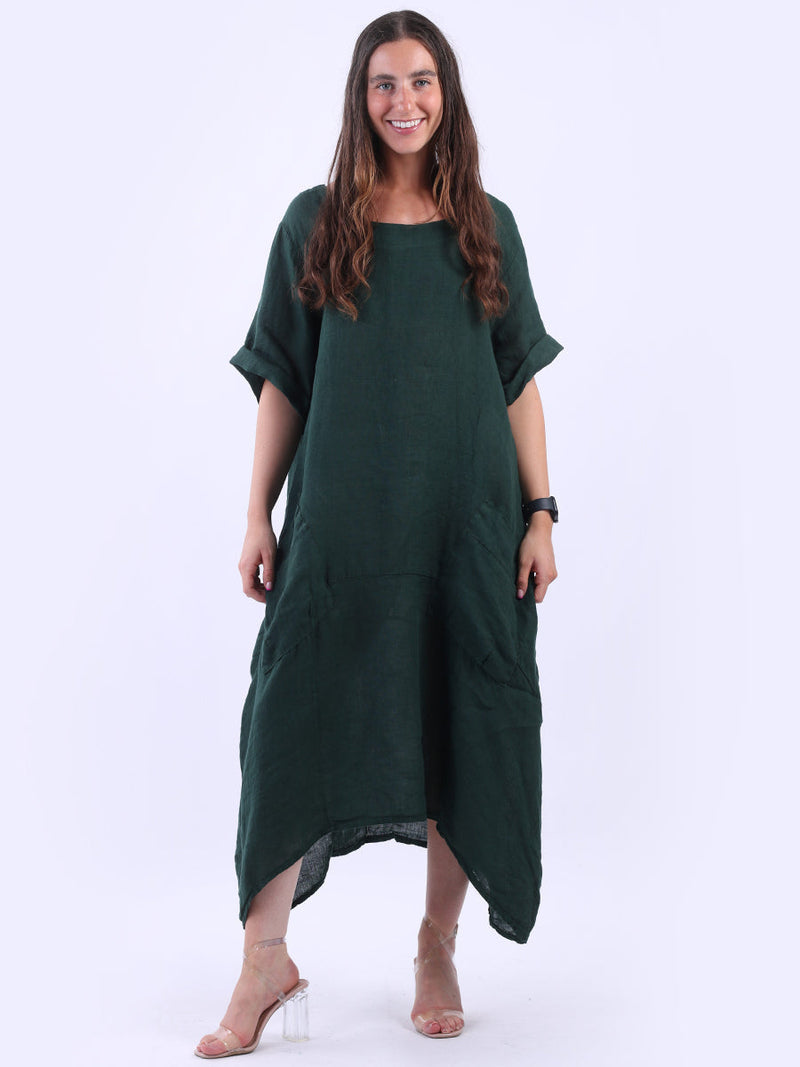 Plain Linen Lagenlook Dress Bottle Green