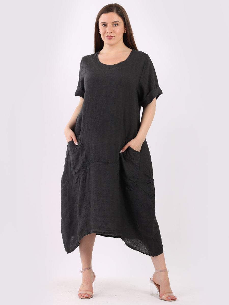 Plain Linen Lagenlook Dress Charcoal