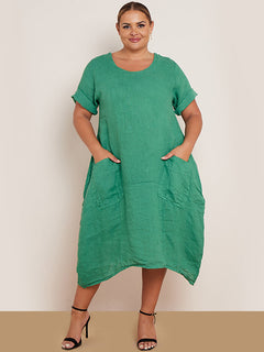 Plain Linen Lagenlook Dress Green