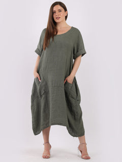 Plain Linen Lagenlook Dress Khaki