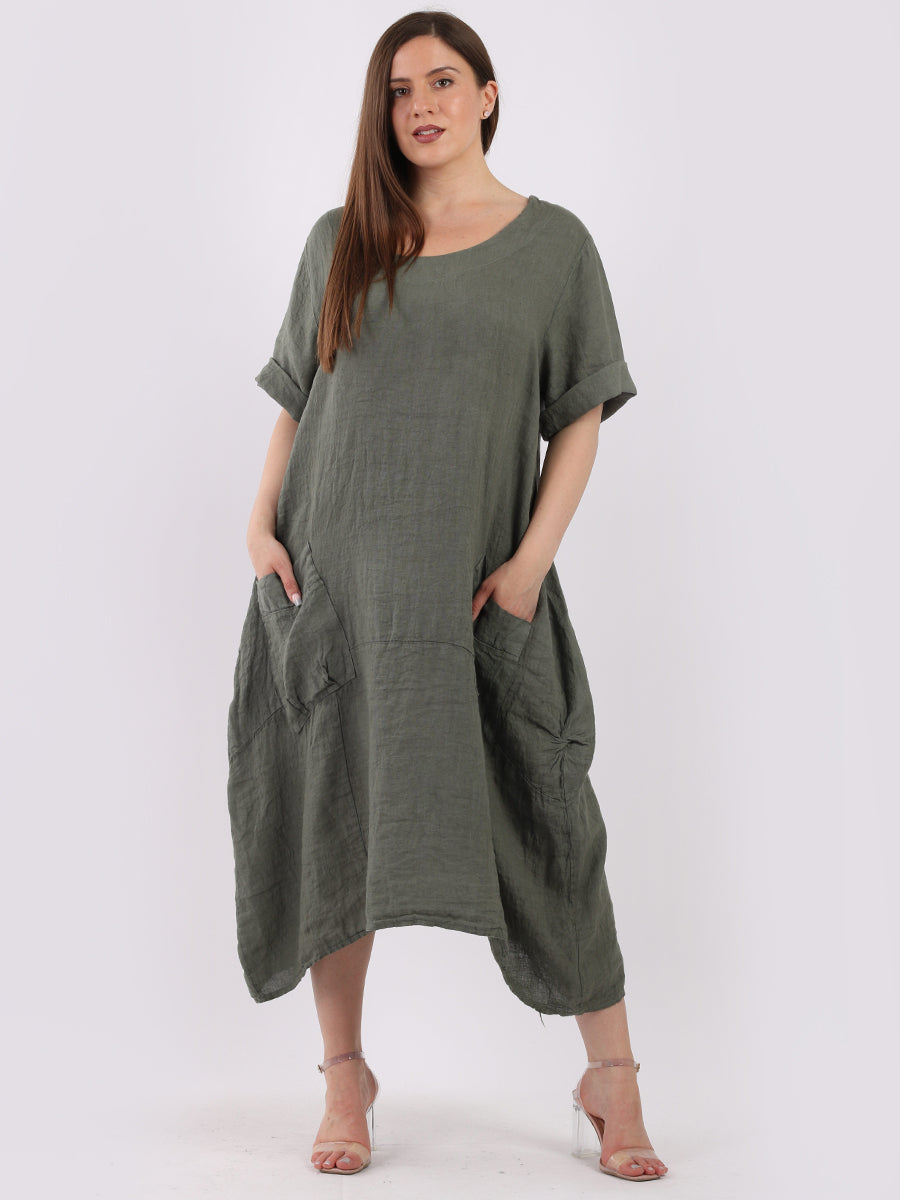 Plain Linen Lagenlook Dress Khaki